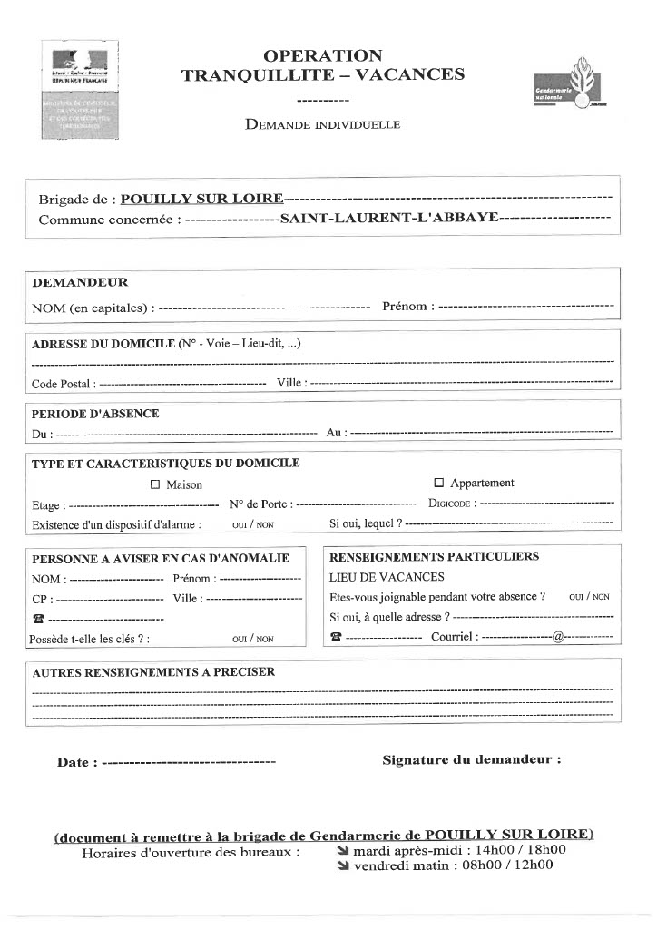 DOCUMENT A COMPLETER ET A REMETTRE A LA BRIGADE DE POUILLY